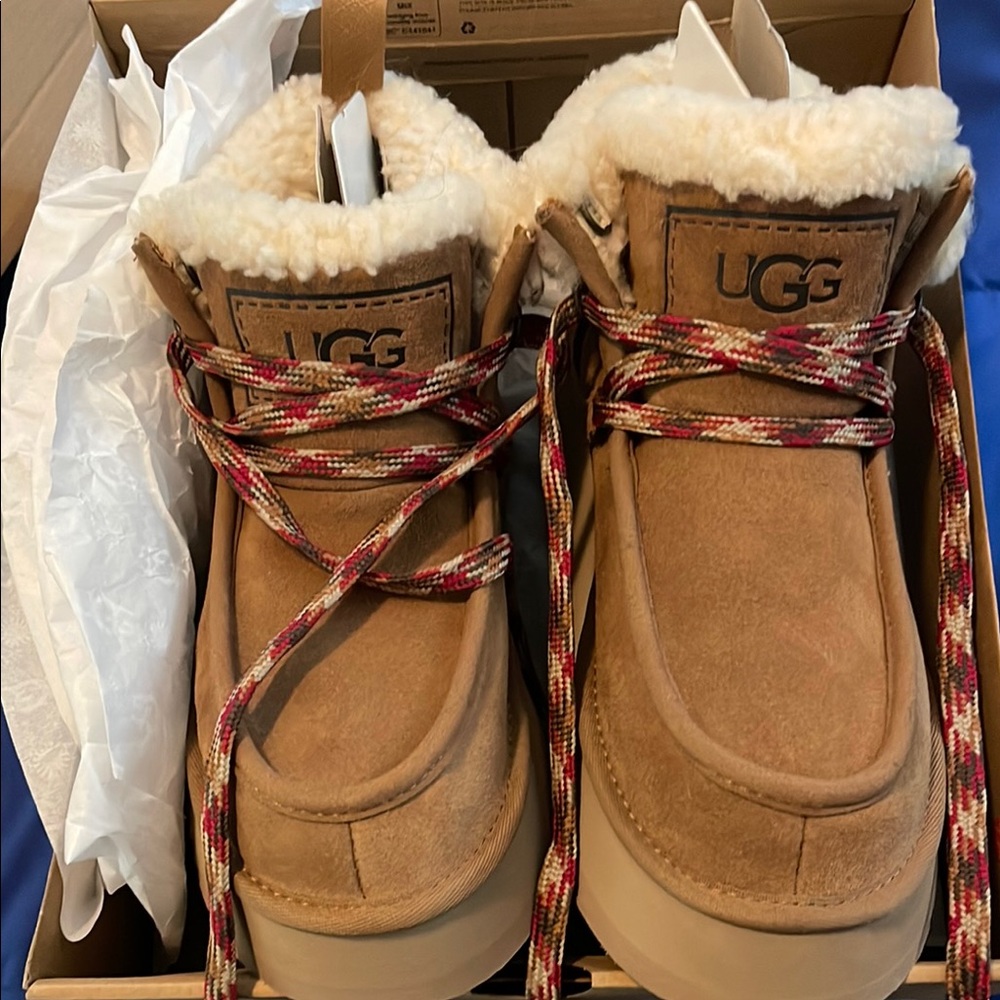 UGG Tan Lace Up Boots with Shearling Lining